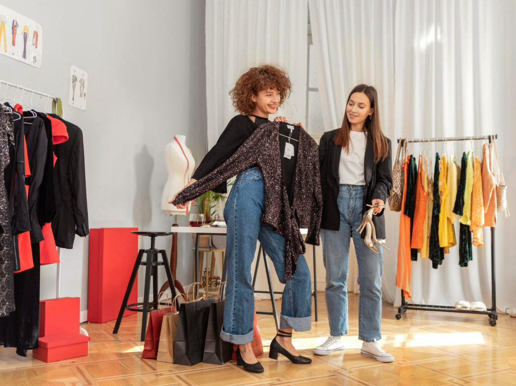 Two women hold a sparkly black top in a stylish clothing boutique with colorful garments displayed on racks