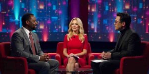 A panel discussion featuring three seated hosts on a brightly lit stage, showcasing a vibrant