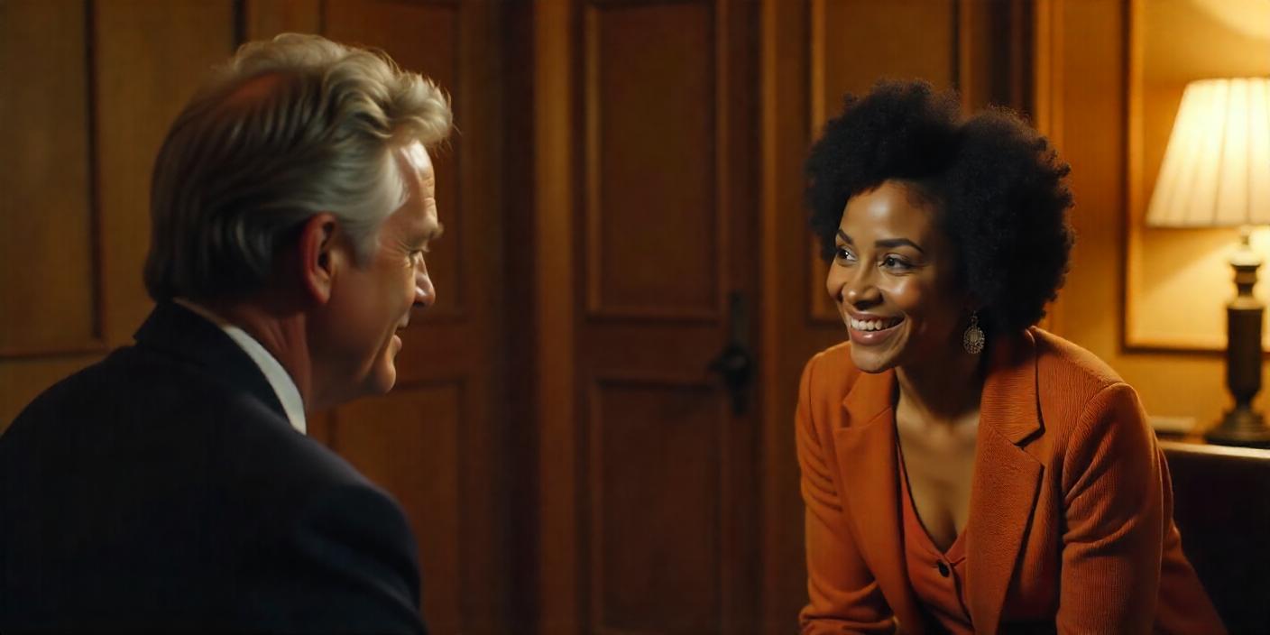 A formal meeting takes place between an older man in a suit and a woman in an orange blazer