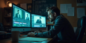 A focused individual edits video content on dual monitors
