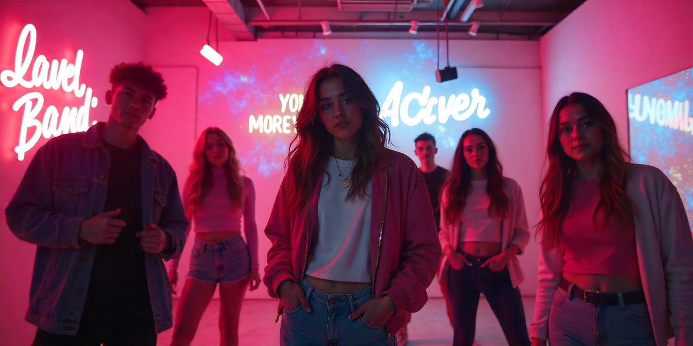 Six individuals stand against a vibrant backdrop with neon signs