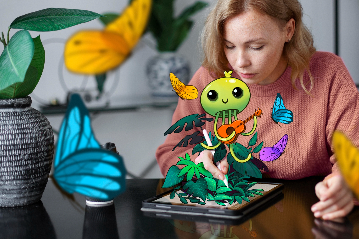Woman interacting with a cartoon turtle playing a guitar and colorful butterflies on a digital tablet in a modern room.