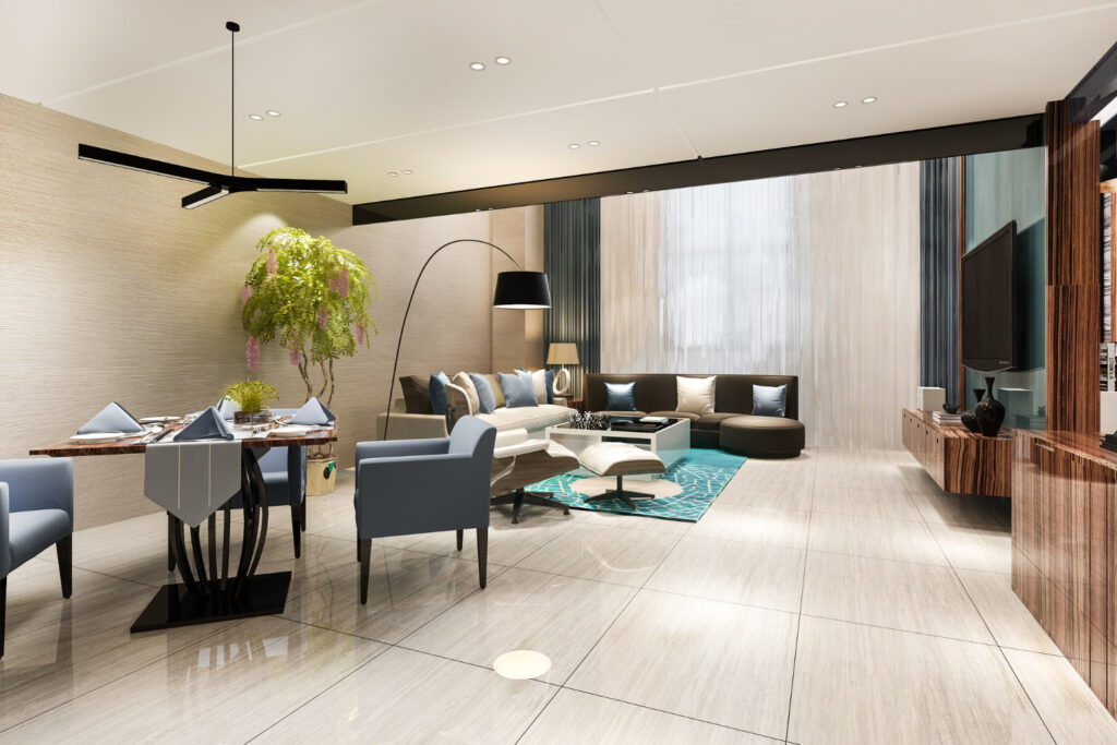 modern dining room and living room with luxury decor
