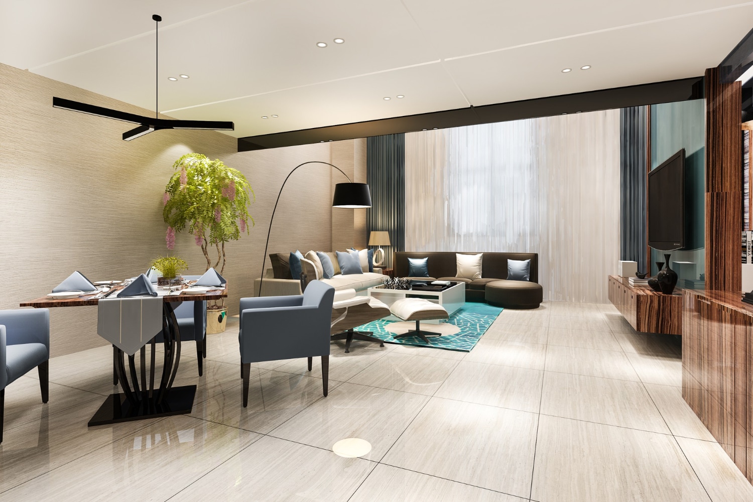 modern dining room and living room with luxury decor