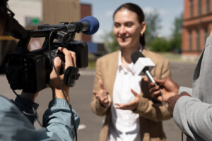 A woman being interviewed by a news crew outdoors, camera and microphone in focus.