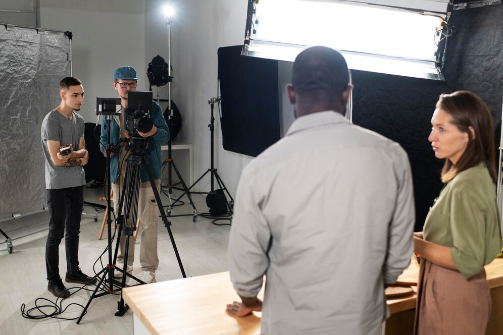 A photography team working in a studio with lighting equipment, preparing to take a photo of a male subject.