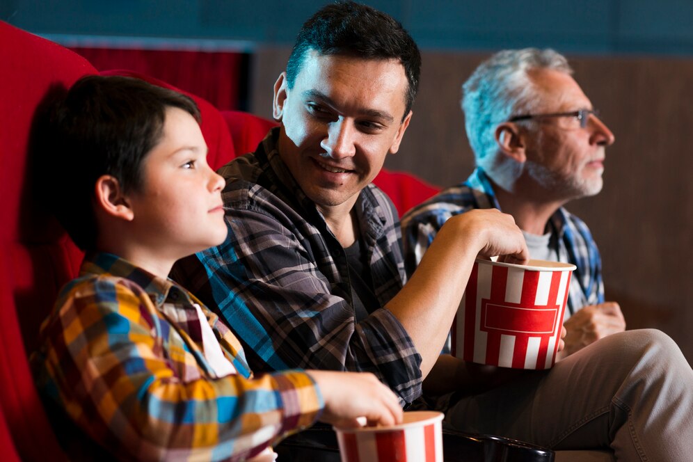 Three generations of men enjoying a movie in a cinema, the youngest holding popcorn.