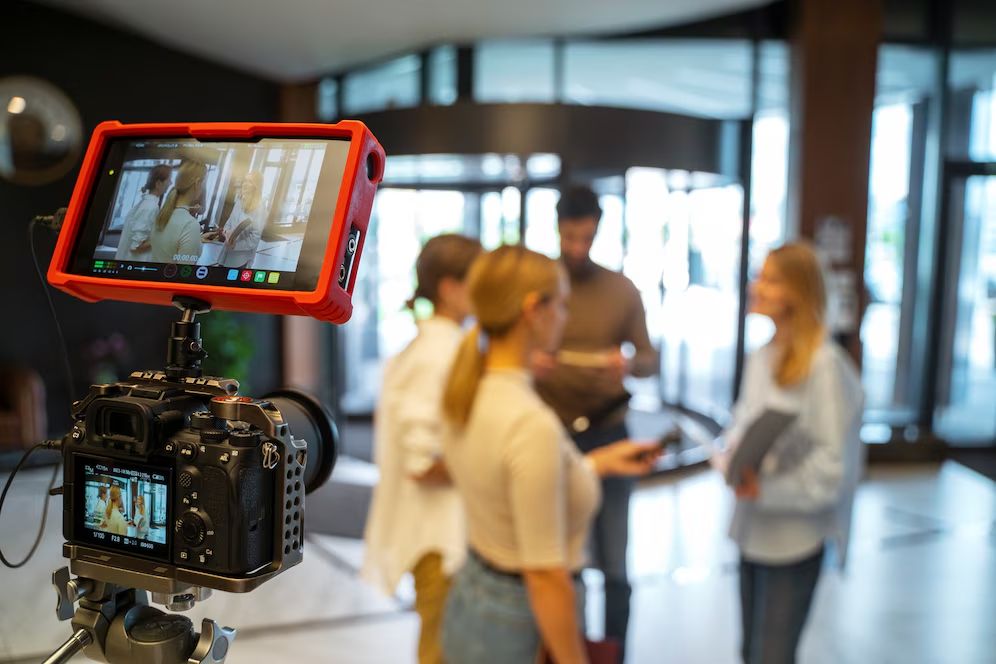 Video camera and external monitor recording a blurry group of people talking in a modern office lobby.