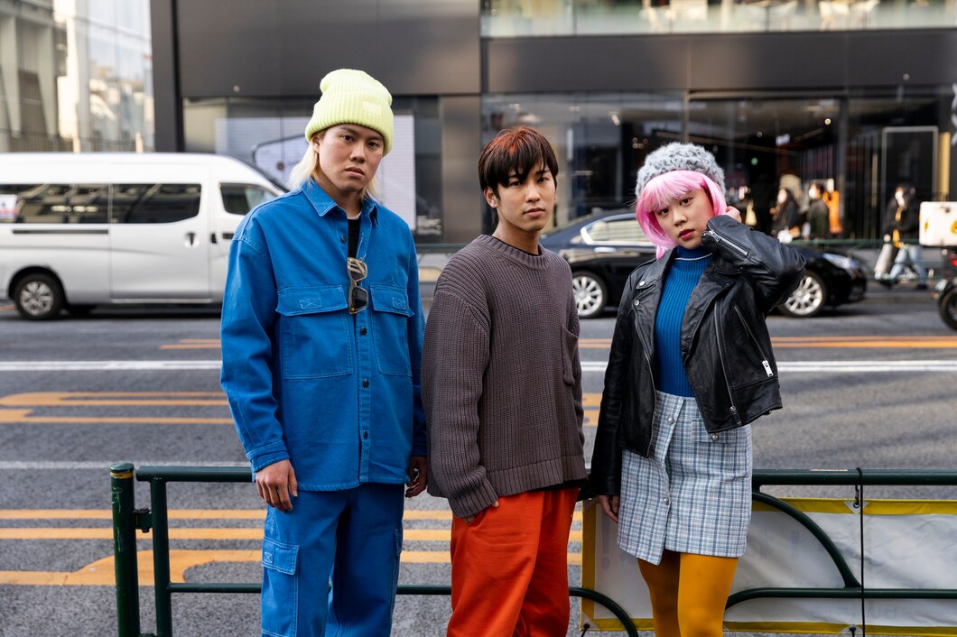 Three young adults in stylish urban outfits stand confidently on a city street.