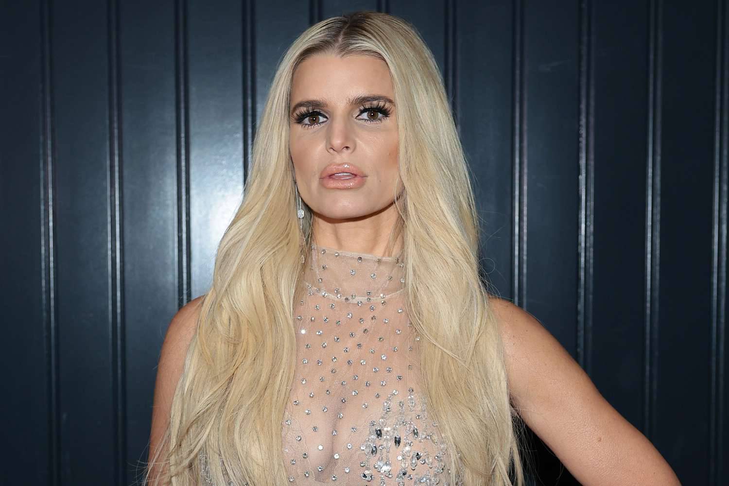A woman with long, wavy blonde hair wears a sparkling, sheer outfit, posing confidently against a dark, textured background.