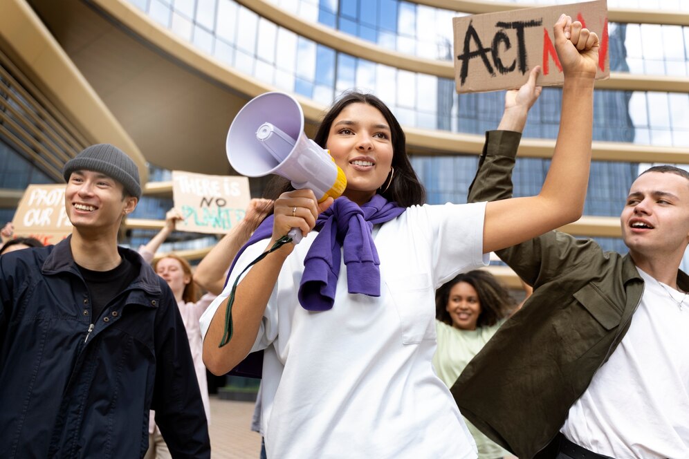 Young activists holding signs and a megaphone at a climate protest in an urban setting.