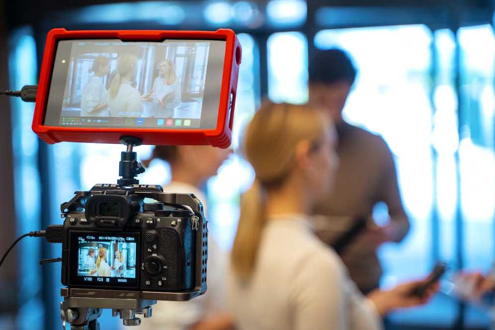Camera and monitor displaying a film set scene with blurry figures in the background.