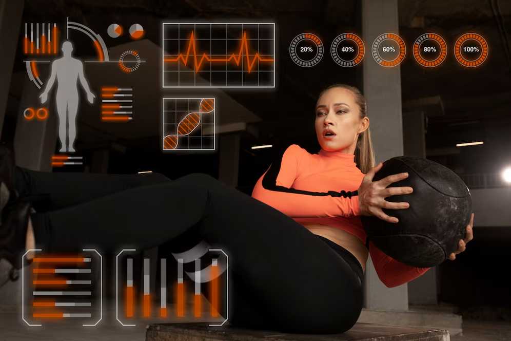 Woman in workout gear holding a medicine ball, surrounded by futuristic health and fitness data graphics.