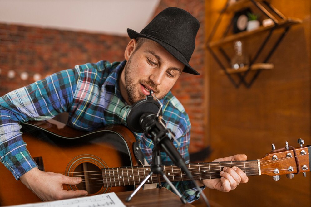 Man in hat playing guitar and singing into microphone, sheet music visible.