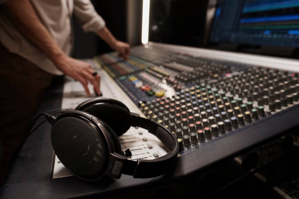 Person adjusting controls on a sound mixing console with headphones in foreground.
