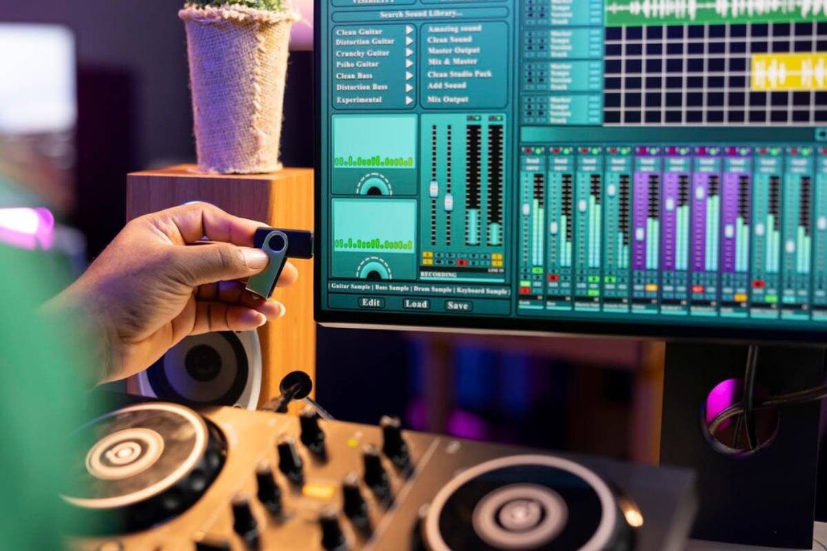 Person's hand inserting memory stick into digital audio workstation interface in music production studio setting.