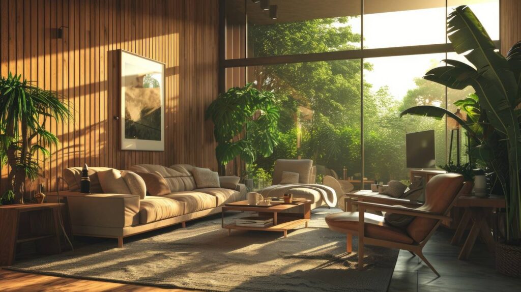 Bright, modern living room with wooden walls, large windows, lush plants, and cozy furniture