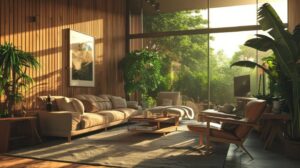 Bright, modern living room with wooden walls, large windows, lush plants, and cozy furniture