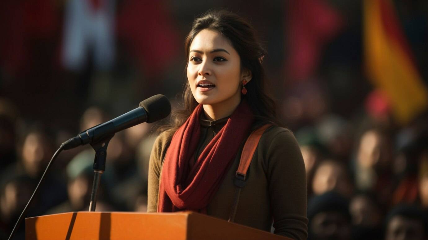 A woman stands at a podium with a microphone, speaking to a large crowd
