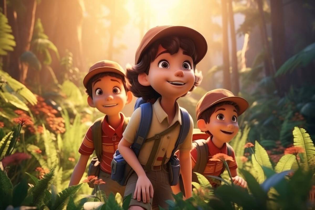 Three animated boys in scout uniforms exploring a lush, sunlit forest.