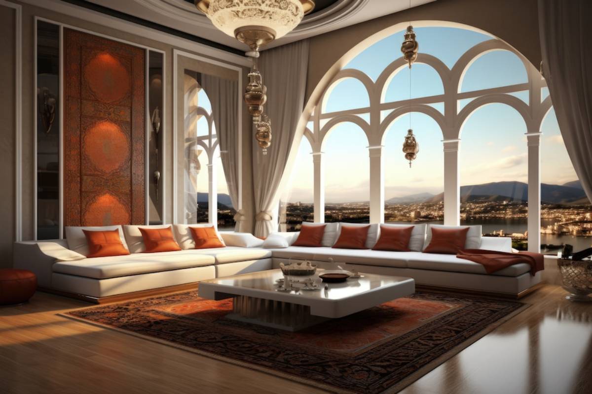 Elegant living room with arched windows overlooking a scenic sunset, furnished with a white sofa and traditional decor elements.