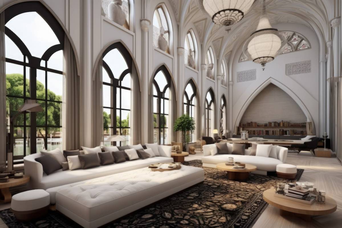 Luxurious, spacious living room with Gothic arch windows, high ceilings, elegant chandeliers, and contemporary furniture.