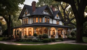Elegant Victorian-style house illuminated at twilight with lush gardens, large porches, and mature trees around.