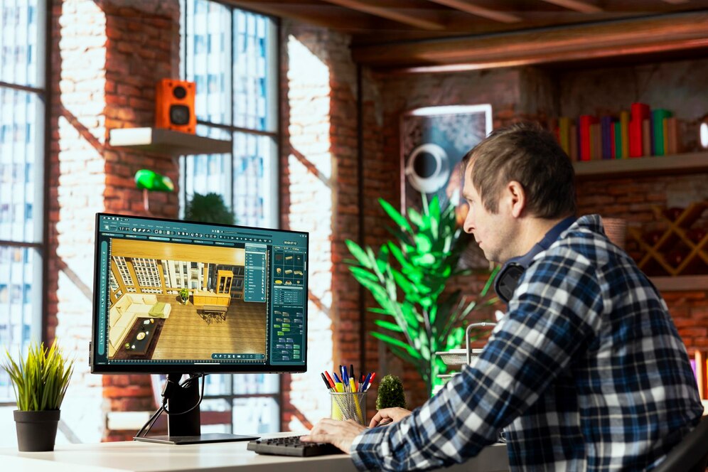 Man working on 3D interior design software in a stylish brick-walled office.