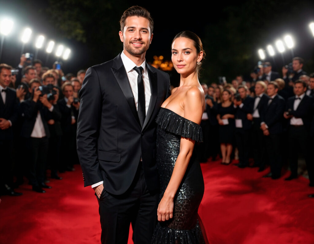 A glamorous couple poses on a red carpet surrounded by fans