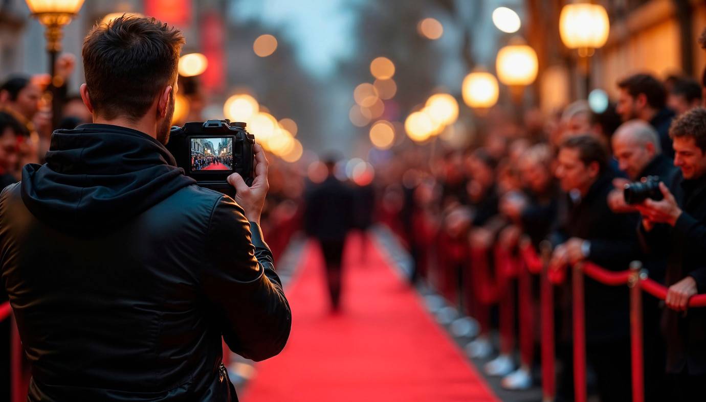 A photographer captures a scene on a vibrant red carpet, surrounded by a crowd